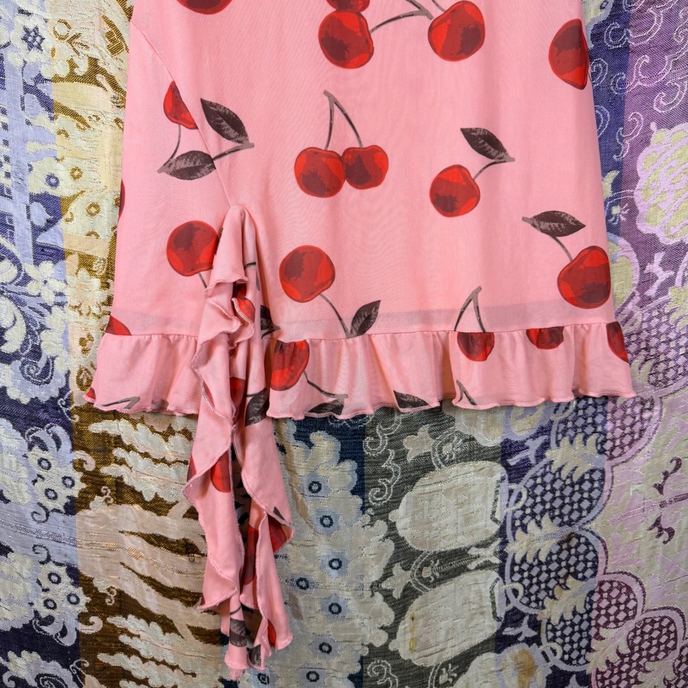 Pink Red Cherry Print Ruffle Hem Above the Knee Dress Size M - Picture 5 of 11